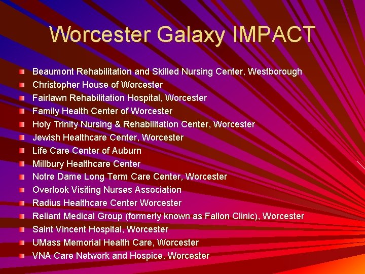 Worcester Galaxy IMPACT Beaumont Rehabilitation and Skilled Nursing Center, Westborough Christopher House of Worcester