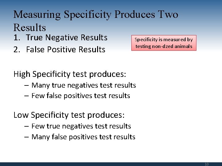 Measuring Specificity Produces Two Results 1. True Negative Results 2. False Positive Results Specificity