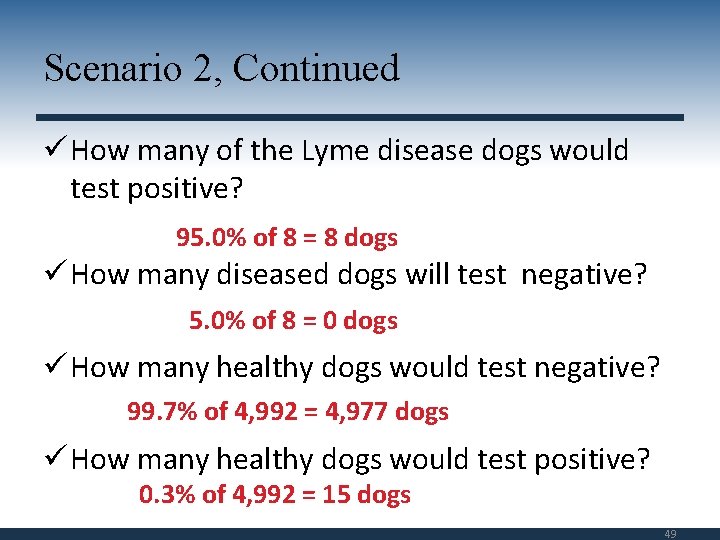 Scenario 2, Continued ü How many of the Lyme disease dogs would test positive?