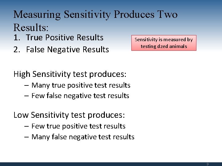 Measuring Sensitivity Produces Two Results: 1. True Positive Results 2. False Negative Results Sensitivity
