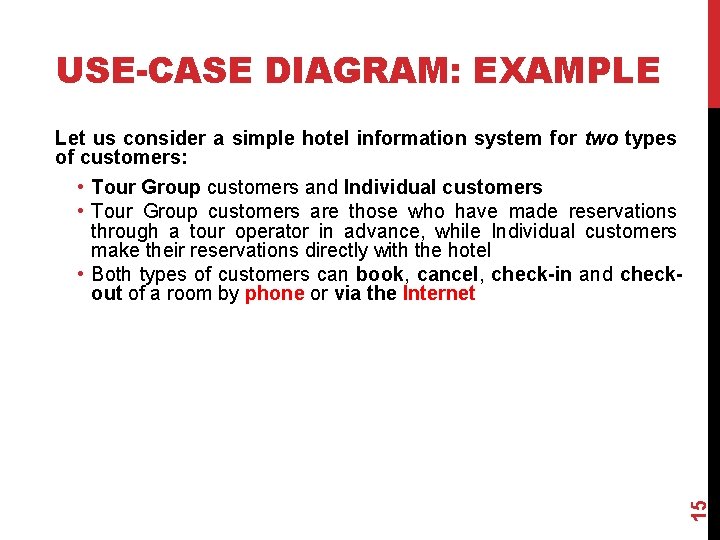 USE-CASE DIAGRAM: EXAMPLE 15 Let us consider a simple hotel information system for two