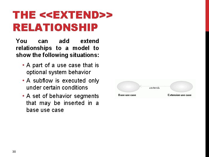 THE <<EXTEND>> RELATIONSHIP You can add extend relationships to a model to show the