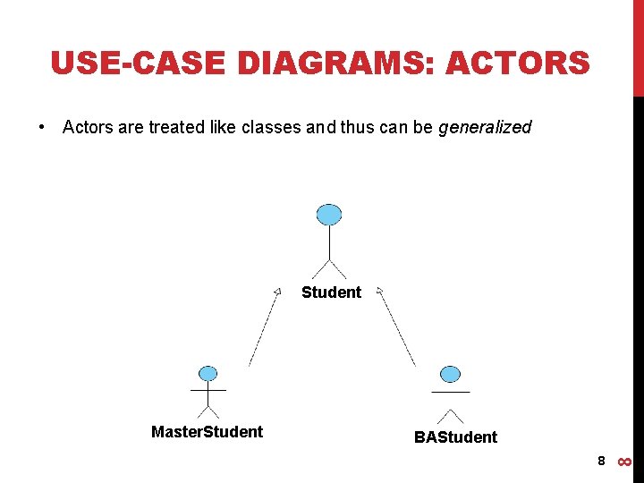 USE-CASE DIAGRAMS: ACTORS • Actors are treated like classes and thus can be generalized