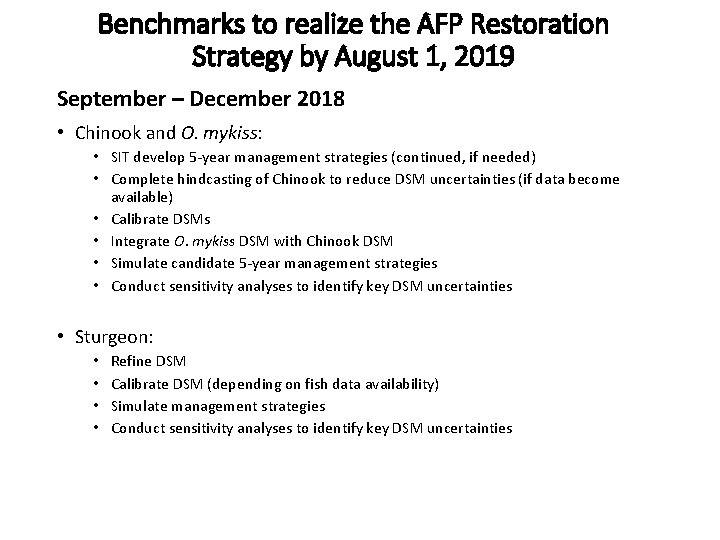 Benchmarks to realize the AFP Restoration Strategy by August 1, 2019 September – December