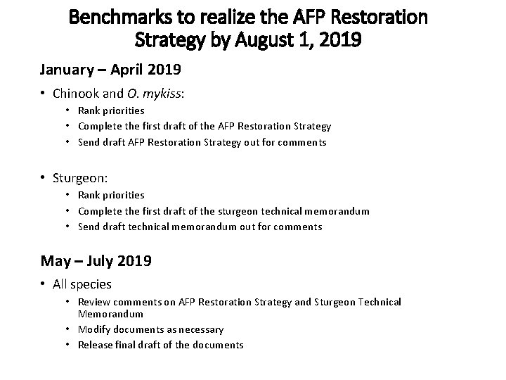 Benchmarks to realize the AFP Restoration Strategy by August 1, 2019 January – April