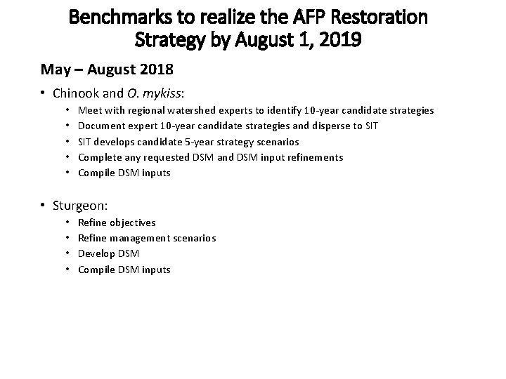 Benchmarks to realize the AFP Restoration Strategy by August 1, 2019 May – August
