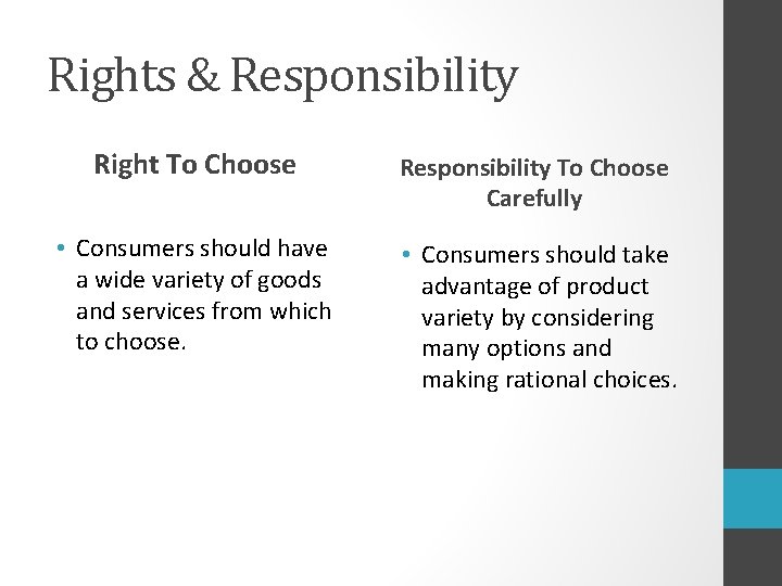 Rights & Responsibility Right To Choose Responsibility To Choose Carefully • Consumers should have