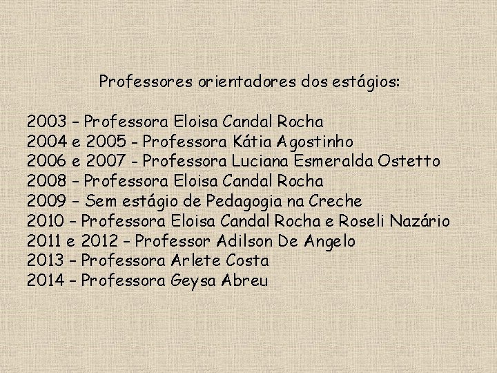 Professores orientadores dos estágios: 2003 – Professora Eloisa Candal Rocha 2004 e 2005 -