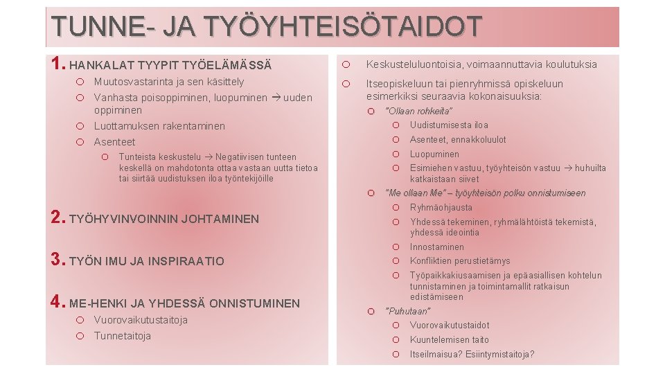 TUNNE- JA TYÖYHTEISÖTAIDOT 1. HANKALAT TYYPIT TYÖELÄMÄSSÄ o o Muutosvastarinta ja sen käsittely o