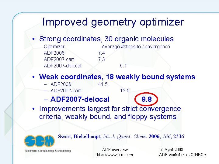 Improved geometry optimizer • Strong coordinates, 30 organic molecules Optimizer ADF 2006 ADF 2007