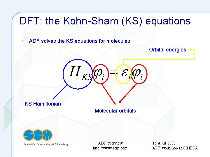DFT: the Kohn-Sham (KS) equations • ADF solves the KS equations for molecules Orbital
