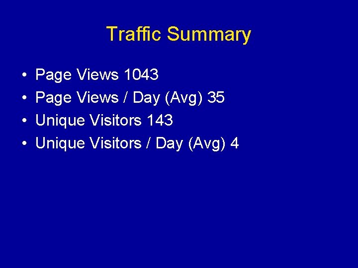 Traffic Summary • • Page Views 1043 Page Views / Day (Avg) 35 Unique