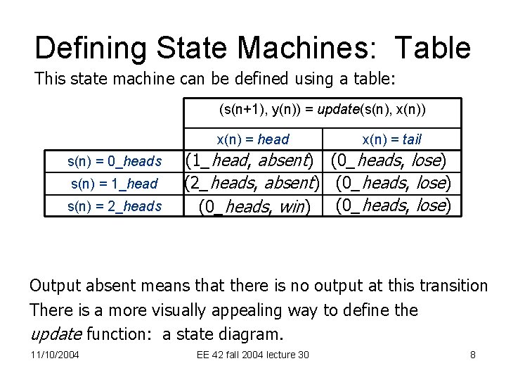 Defining State Machines: Table This state machine can be defined using a table: (s(n+1),