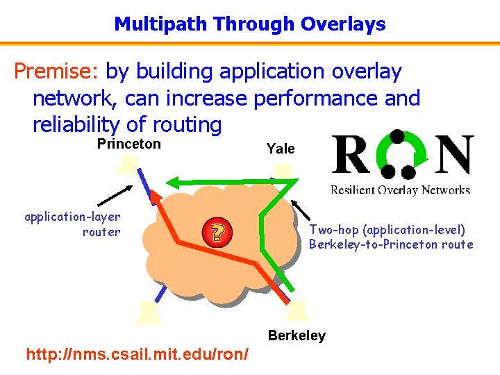 Multipath Through Overlays Premise: by building application overlay network, can increase performance and reliability