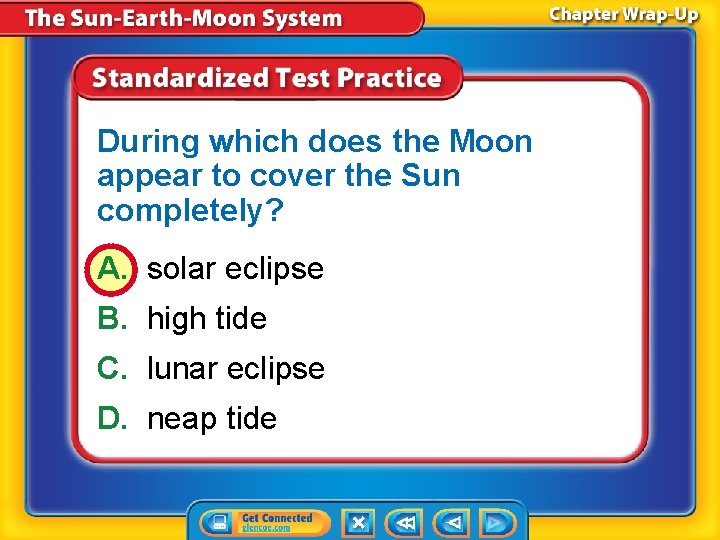 During which does the Moon appear to cover the Sun completely? A. solar eclipse