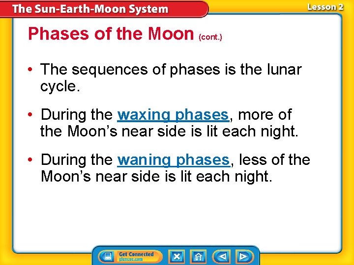 Phases of the Moon (cont. ) • The sequences of phases is the lunar