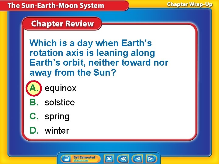 Which is a day when Earth’s rotation axis is leaning along Earth’s orbit, neither