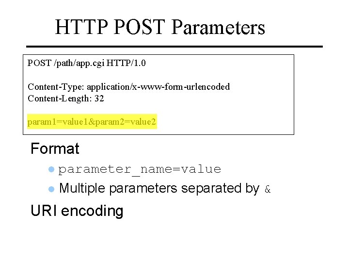 HTTP POST Parameters POST /path/app. cgi HTTP/1. 0 Content-Type: application/x-www-form-urlencoded Content-Length: 32 param 1=value