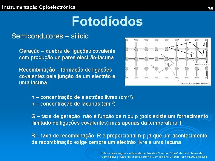 Instrumentação Optoelectrónica 75 Fotodíodos Semicondutores – silício Geração – quebra de ligações covalente com