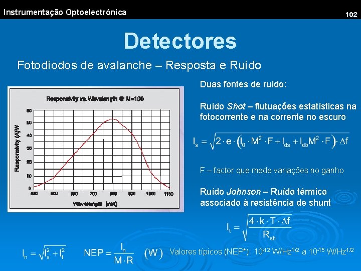 Instrumentação Optoelectrónica 102 Detectores Fotodíodos de avalanche – Resposta e Ruído Duas fontes de