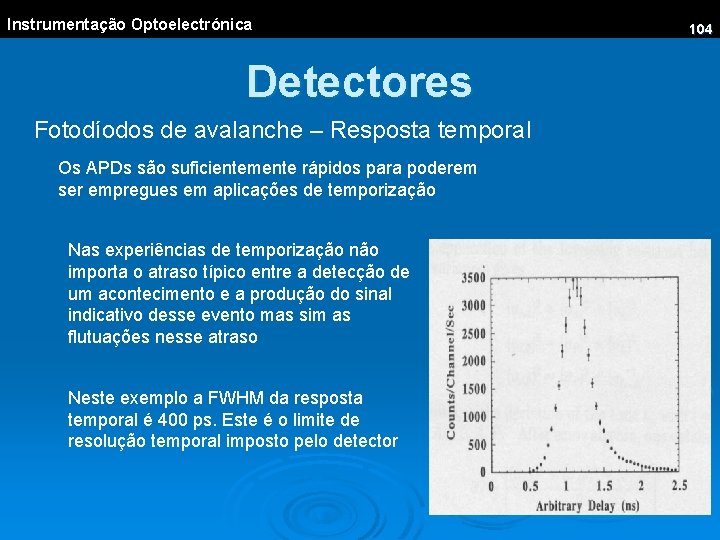 Instrumentação Optoelectrónica Detectores Fotodíodos de avalanche – Resposta temporal Os APDs são suficientemente rápidos