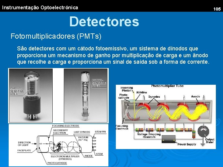 Instrumentação Optoelectrónica Detectores Fotomultiplicadores (PMTs) São detectores com um cátodo fotoemissivo, um sistema de