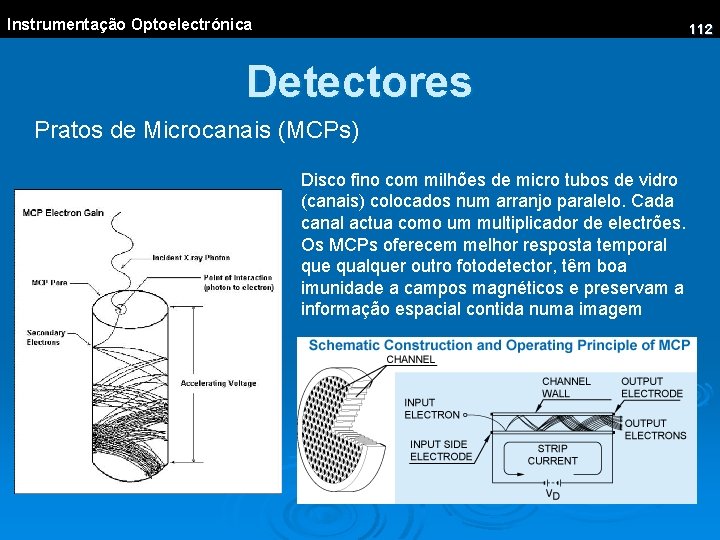 Instrumentação Optoelectrónica 112 Detectores Pratos de Microcanais (MCPs) Disco fino com milhões de micro