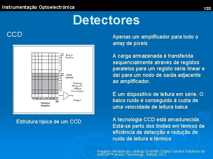 Instrumentação Optoelectrónica 133 Detectores CCD Apenas um amplificador para todo o array de píxeis