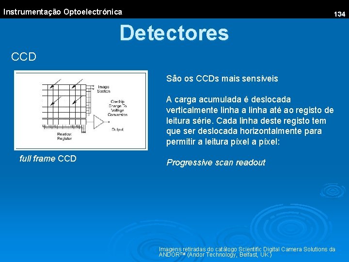 Instrumentação Optoelectrónica 134 Detectores CCD São os CCDs mais sensíveis A carga acumulada é