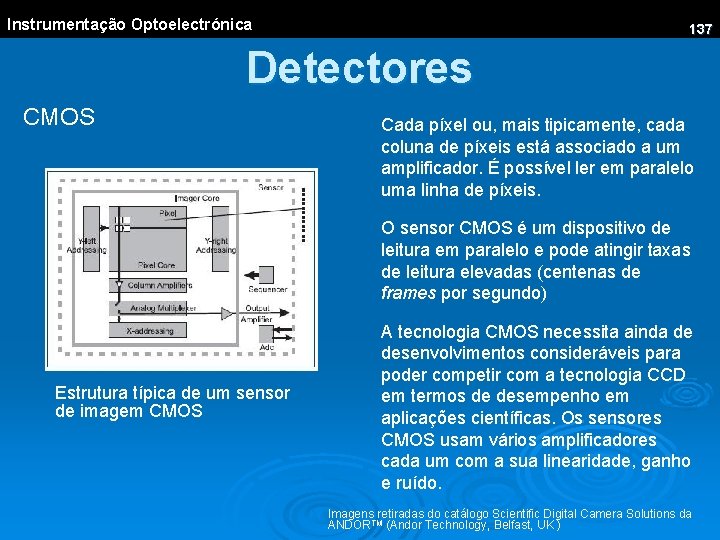 Instrumentação Optoelectrónica 137 Detectores CMOS Cada píxel ou, mais tipicamente, cada coluna de píxeis