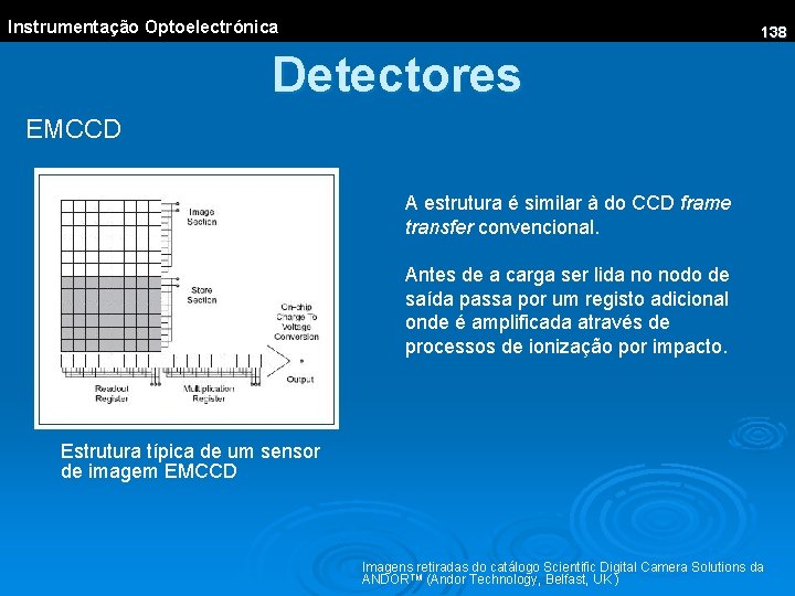 Instrumentação Optoelectrónica 138 Detectores EMCCD A estrutura é similar à do CCD frame transfer