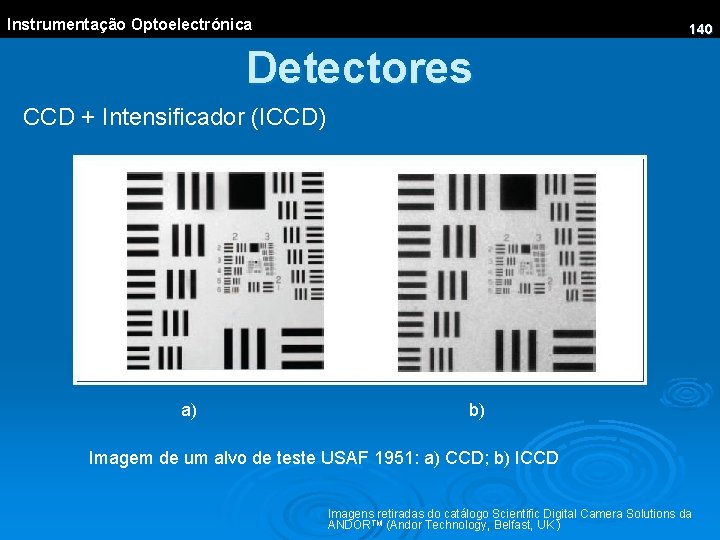 Instrumentação Optoelectrónica 140 Detectores CCD + Intensificador (ICCD) a) b) Imagem de um alvo