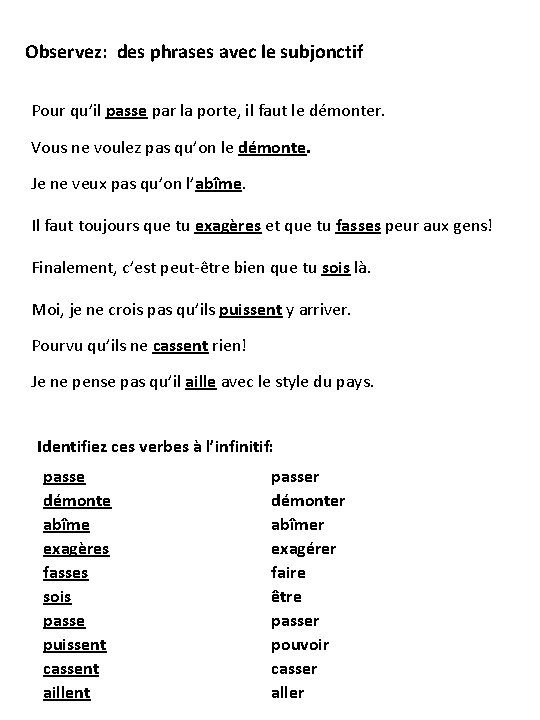 Observez: des phrases avec le subjonctif Pour qu’il passe par la porte, il faut