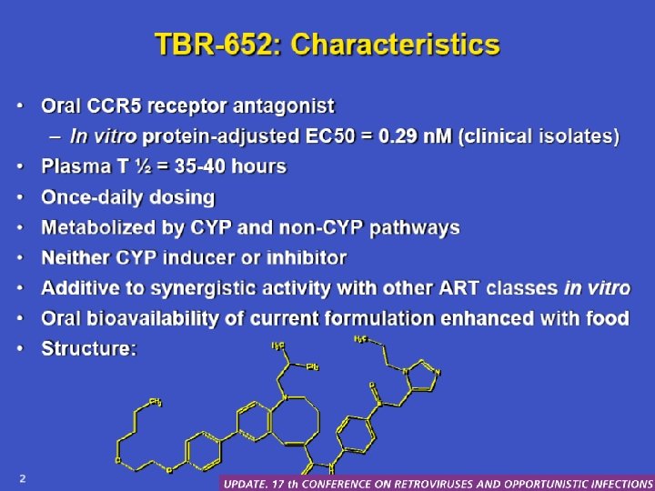TBR-652 • Oral CCR 5 receptor antagonist – In vitro protein-adjusted EC 50 =