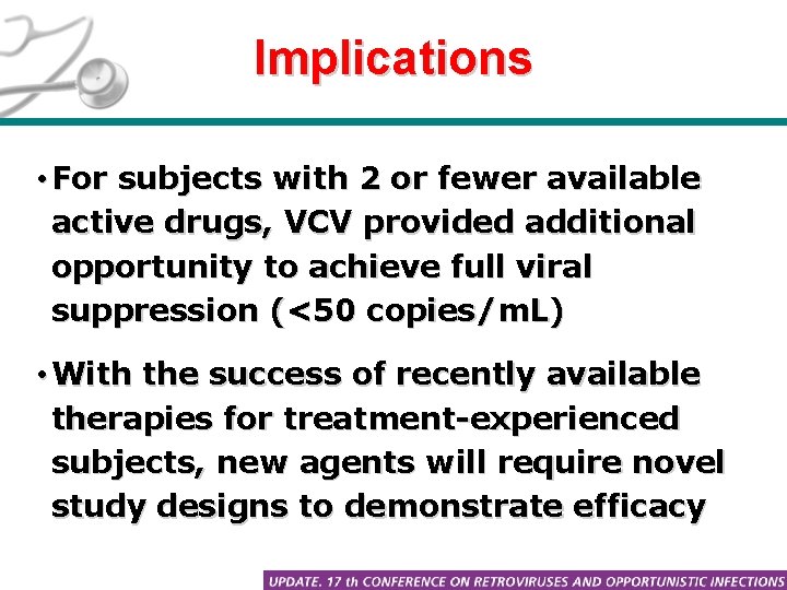 Implications • For subjects with 2 or fewer available active drugs, VCV provided additional