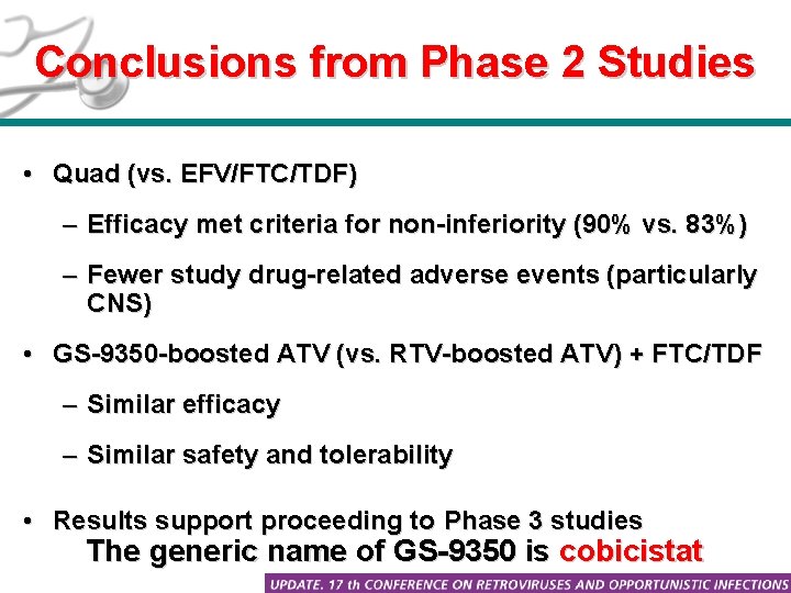 Conclusions from Phase 2 Studies • Quad (vs. EFV/FTC/TDF) – Efficacy met criteria for