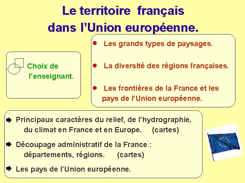 Le territoire français dans l’Union européenne. Les grands types de paysages. Choix de l’enseignant.