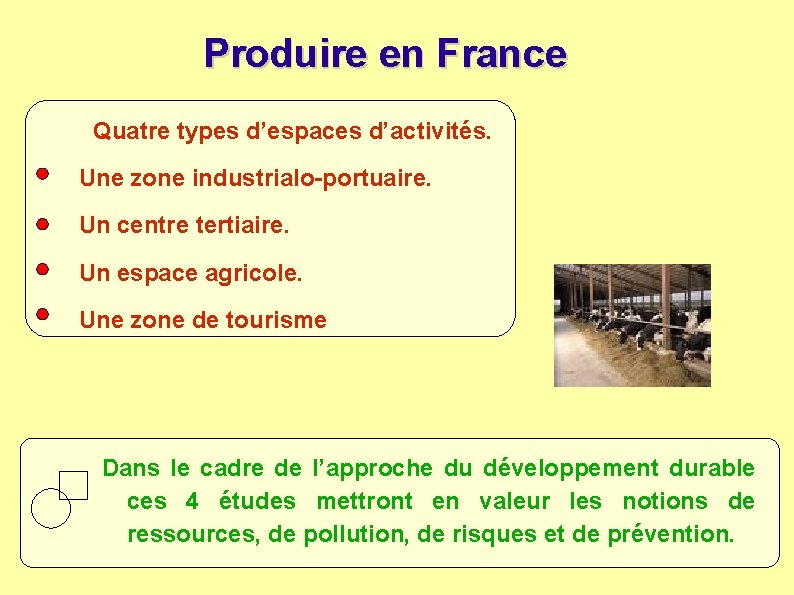 Produire en France Quatre types d’espaces d’activités. Une zone industrialo-portuaire. Un centre tertiaire. Un