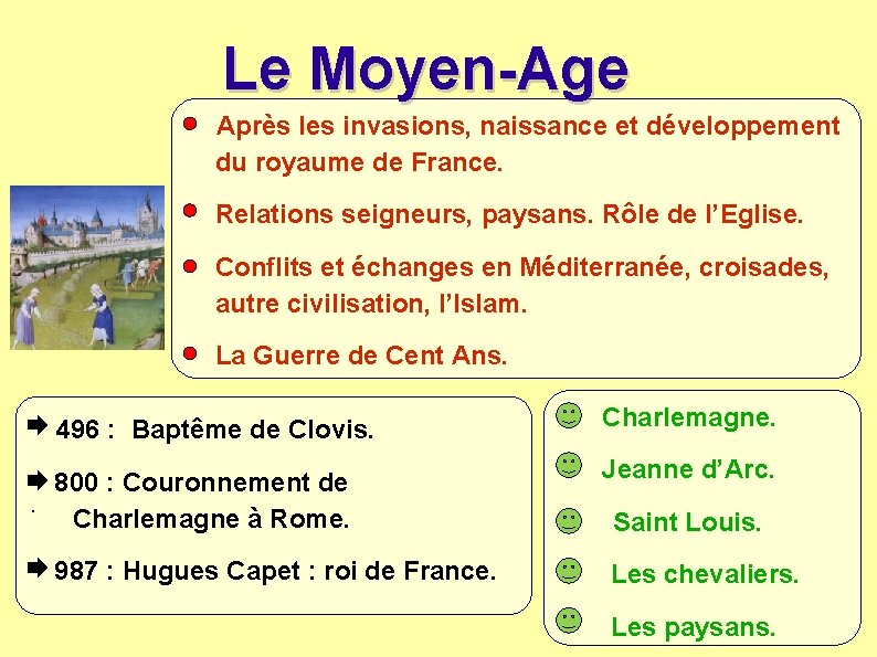 Le Moyen-Age Après les invasions, naissance et développement du royaume de France. Relations seigneurs,