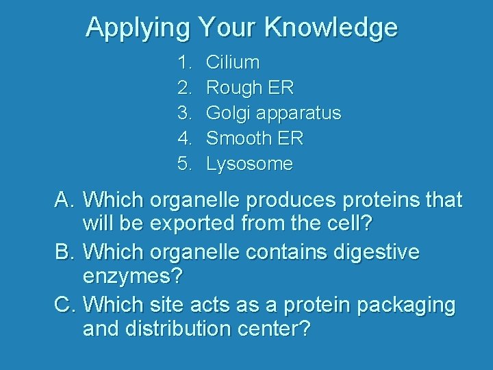 Applying Your Knowledge 1. 2. 3. 4. 5. Cilium Rough ER Golgi apparatus Smooth