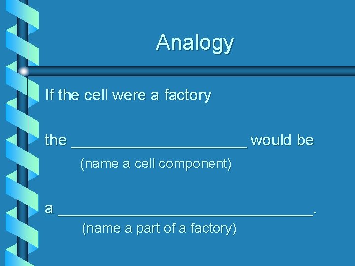 Analogy If the cell were a factory the __________ would be (name a cell