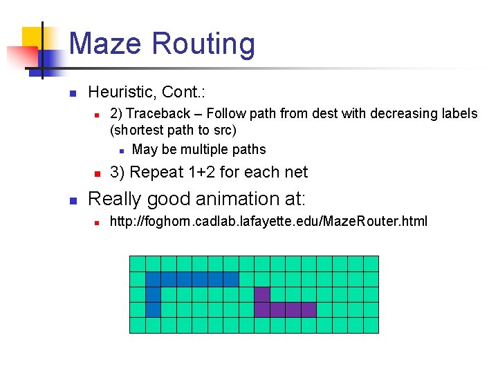 Maze Routing n Heuristic, Cont. : n n n 2) Traceback – Follow path
