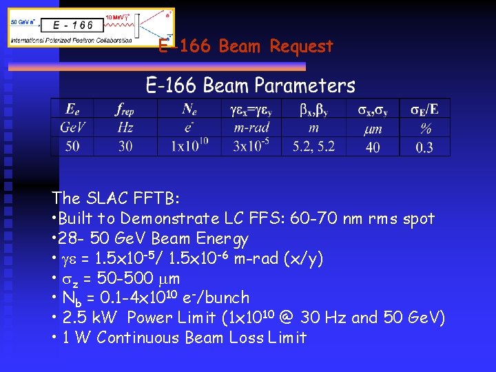 E-166 Beam Request The SLAC FFTB: • Built to Demonstrate LC FFS: 60 -70
