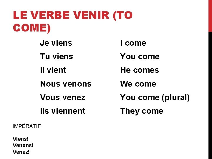 LE VERBE VENIR (TO COME) Je viens I come Tu viens You come Il