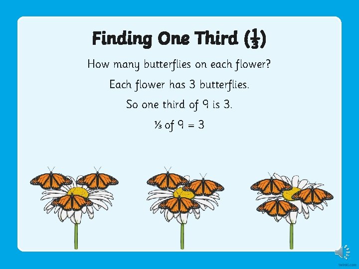 Finding One Third (⅓) How many butterflies on each flower? Each flower has 3