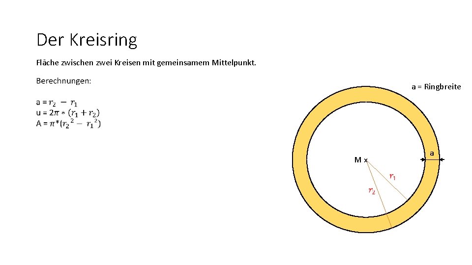 Der Kreisring Fläche zwischen zwei Kreisen mit gemeinsamem Mittelpunkt. a = Ringbreite Mx a