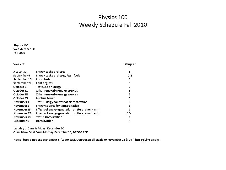 Physics 100 Weekly Schedule Fall 2010 Week of: August 30 September 6 September 13