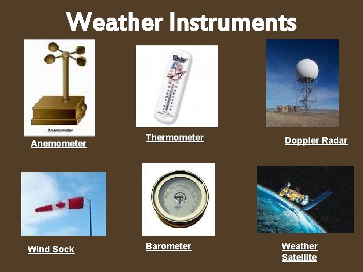 Weather Instruments Anemometer Wind Sock Thermometer Barometer Doppler Radar Weather Satellite 