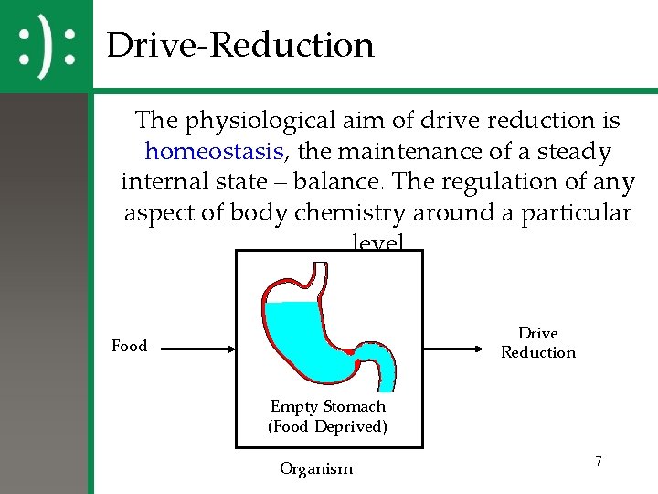 Drive-Reduction The physiological aim of drive reduction is homeostasis, the maintenance of a steady