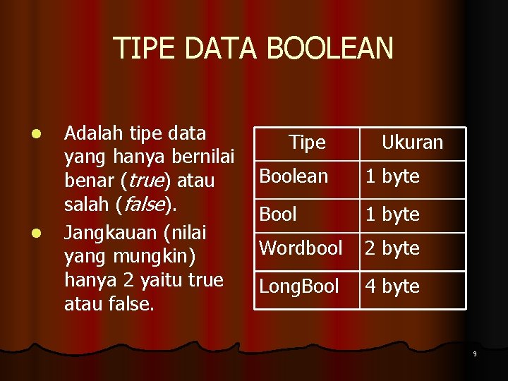 TIPE DATA BOOLEAN l l Adalah tipe data yang hanya bernilai benar (true) atau